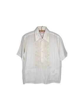 Vtg 60s Shirt Mens Barong Tagalog Victory Embroidered Three Button Cotton M/L